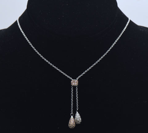 Vintage Sterling Silver Pink and Colorless Rhinestone Drop Pendant Necklace - 16.25"