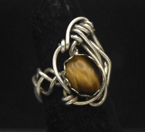 Vintage Handmade Wire Wrapped Tiger's Eye Sterling Silver Ring - Size 3.75