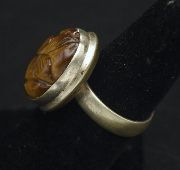 Vintage Handmade Carved Tiger's Eye Sterling Silver Ring - Size 6