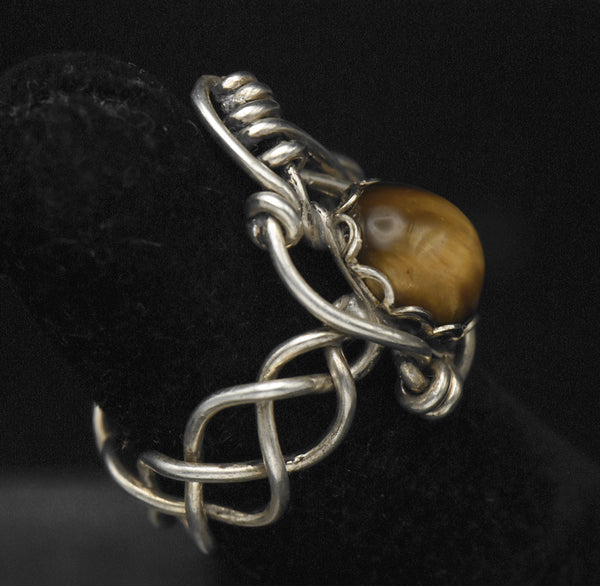 Vintage Handmade Wire Wrapped Tiger's Eye Sterling Silver Ring - Size 3.75