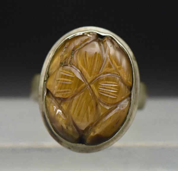 Vintage Handmade Carved Tiger's Eye Sterling Silver Ring - Size 6