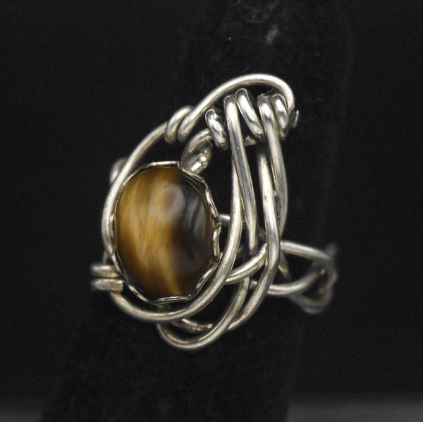 Vintage Handmade Wire Wrapped Tiger's Eye Sterling Silver Ring - Size 3.75