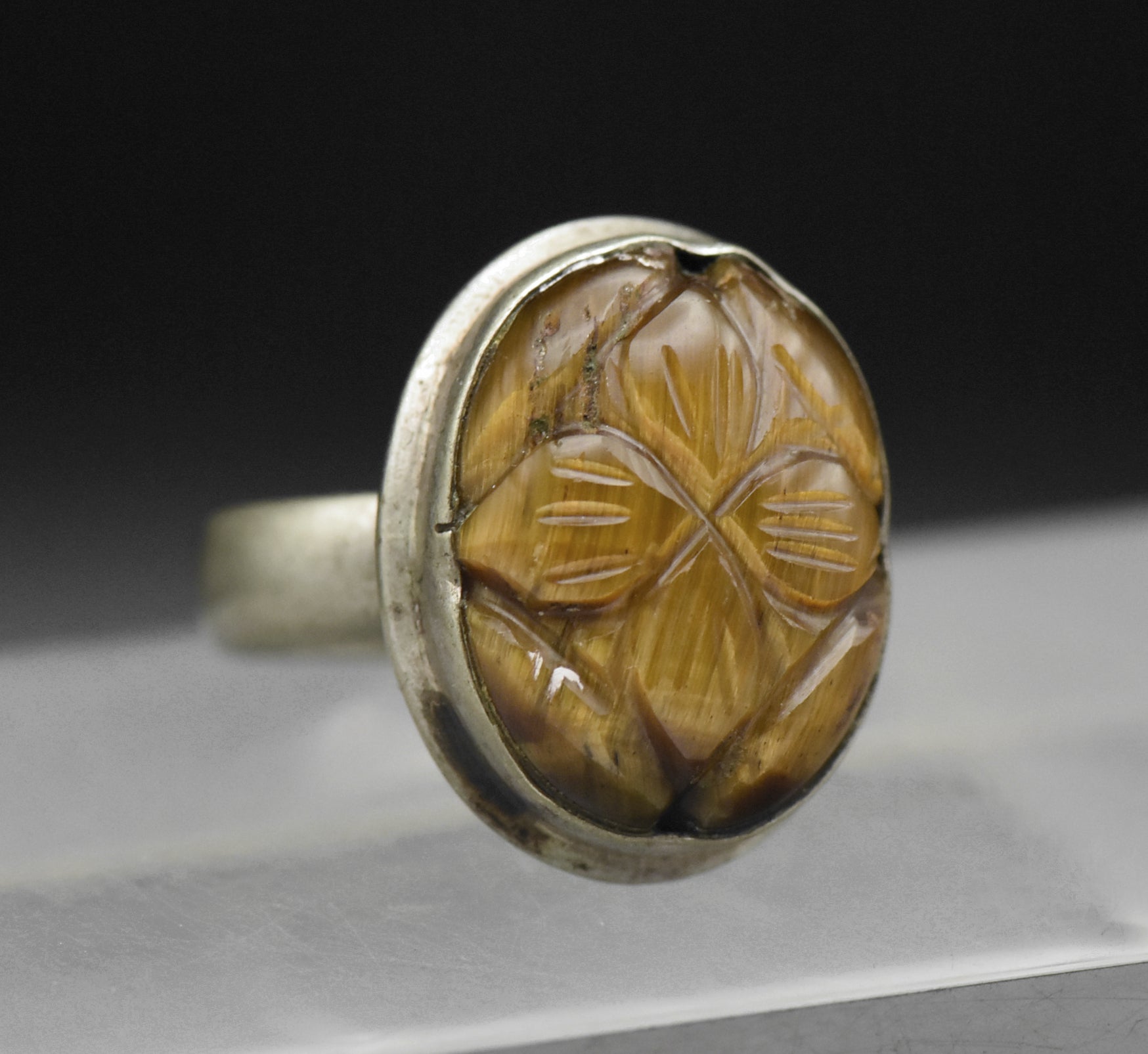 Vintage Handmade Carved Tiger's Eye Sterling Silver Ring - Size 6