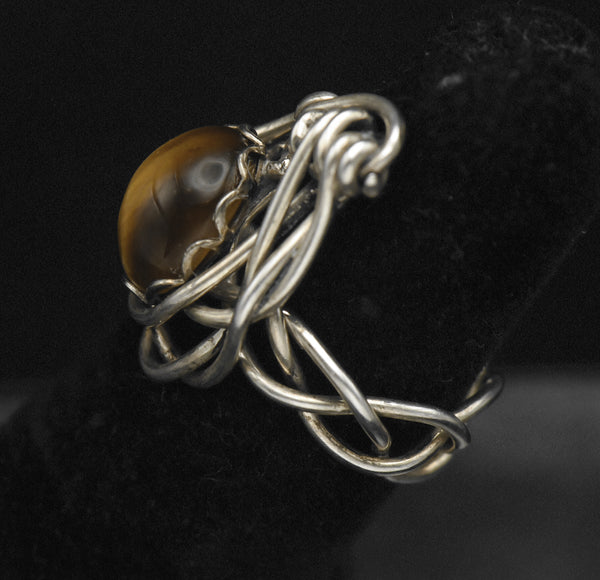 Vintage Handmade Wire Wrapped Tiger's Eye Sterling Silver Ring - Size 3.75