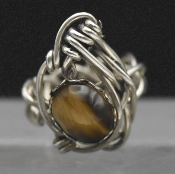 Vintage Handmade Wire Wrapped Tiger's Eye Sterling Silver Ring - Size 3.75