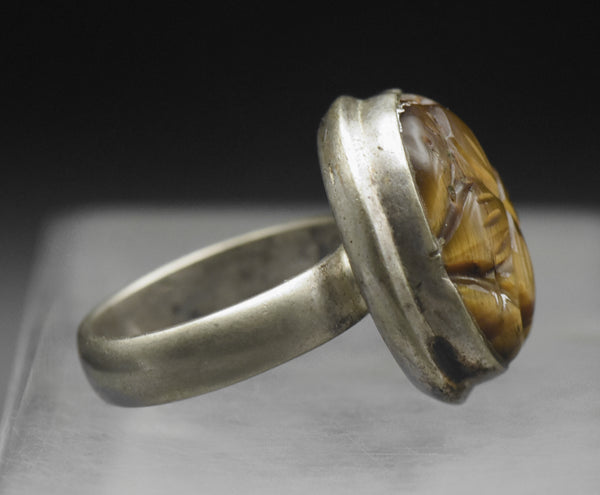 Vintage Handmade Carved Tiger's Eye Sterling Silver Ring - Size 6