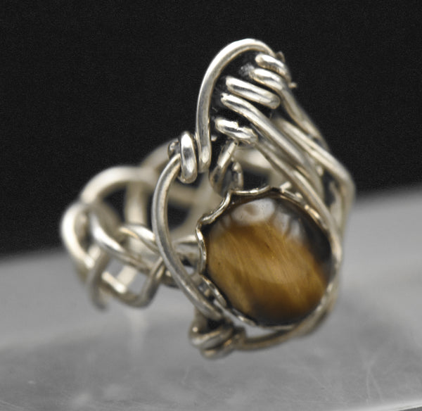 Vintage Handmade Wire Wrapped Tiger's Eye Sterling Silver Ring - Size 3.75