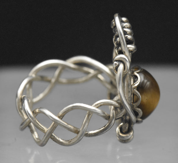 Vintage Handmade Wire Wrapped Tiger's Eye Sterling Silver Ring - Size 3.75