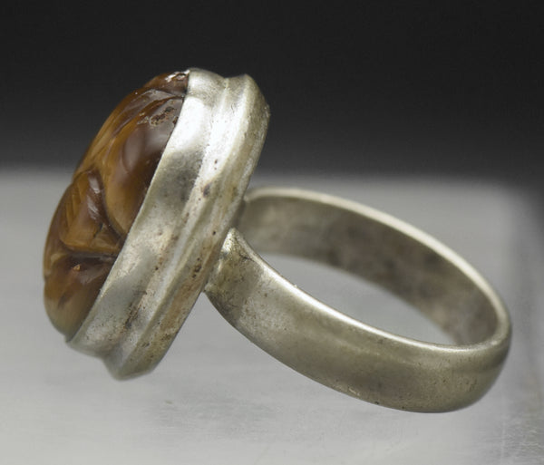 Vintage Handmade Carved Tiger's Eye Sterling Silver Ring - Size 6