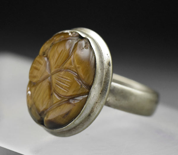 Vintage Handmade Carved Tiger's Eye Sterling Silver Ring - Size 6