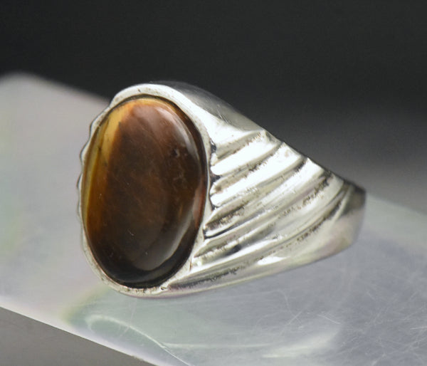 Vintage Artisan Sterling Silver Tiger's Eye Signet Ring - Size 10