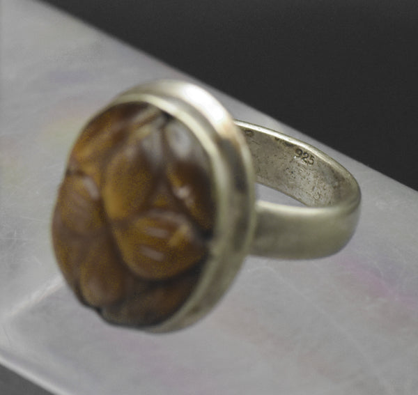 Vintage Handmade Carved Tiger's Eye Sterling Silver Ring - Size 6