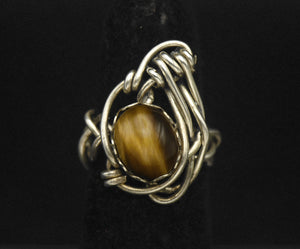 Vintage Handmade Wire Wrapped Tiger's Eye Sterling Silver Ring - Size 3.75