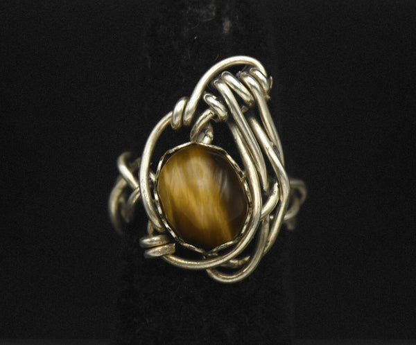 Vintage Handmade Wire Wrapped Tiger's Eye Sterling Silver Ring - Size 3.75