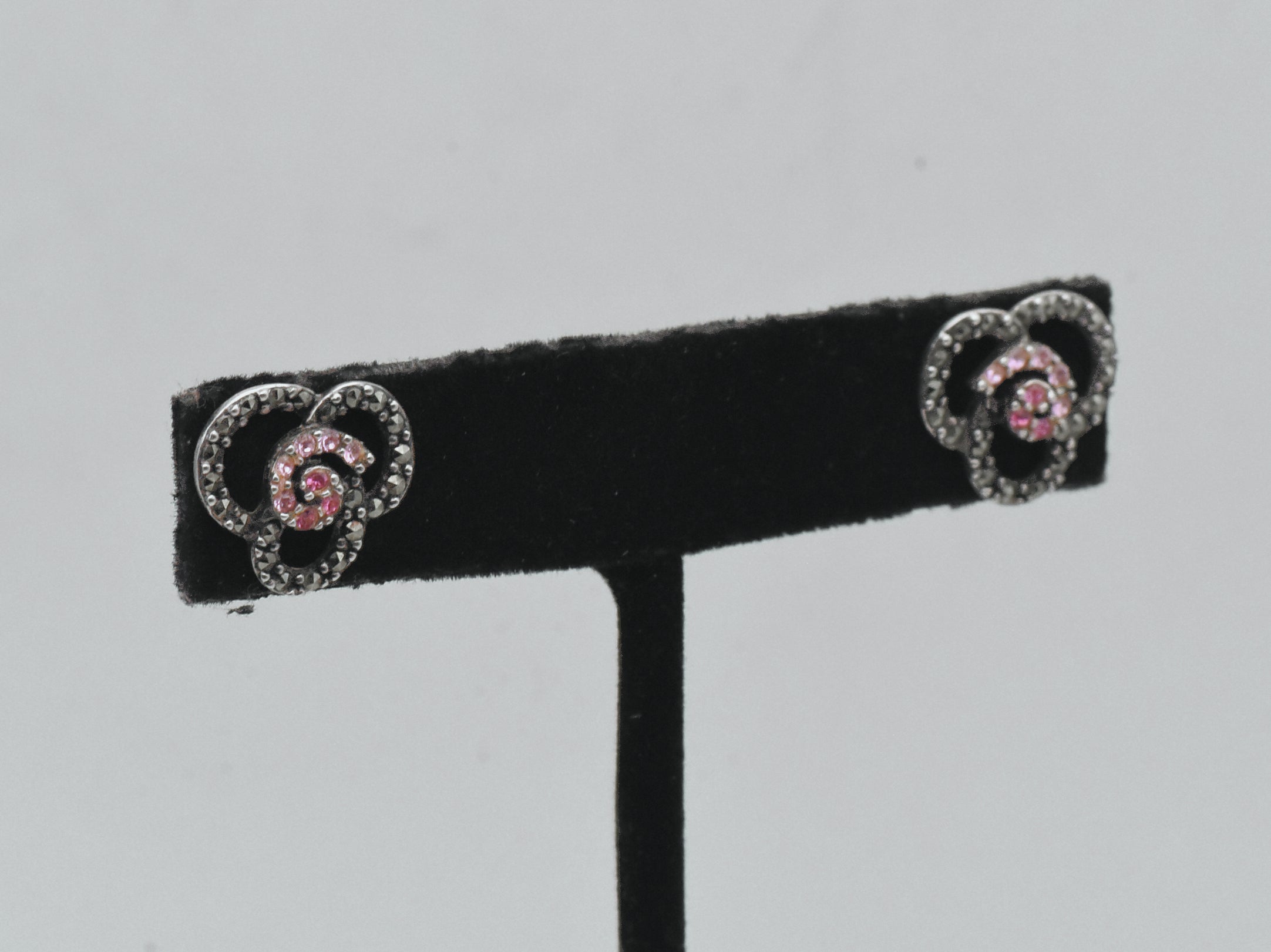 Vintage Sterling Silver Pink Crystal and Marcasite Trefoil Stud Earrings