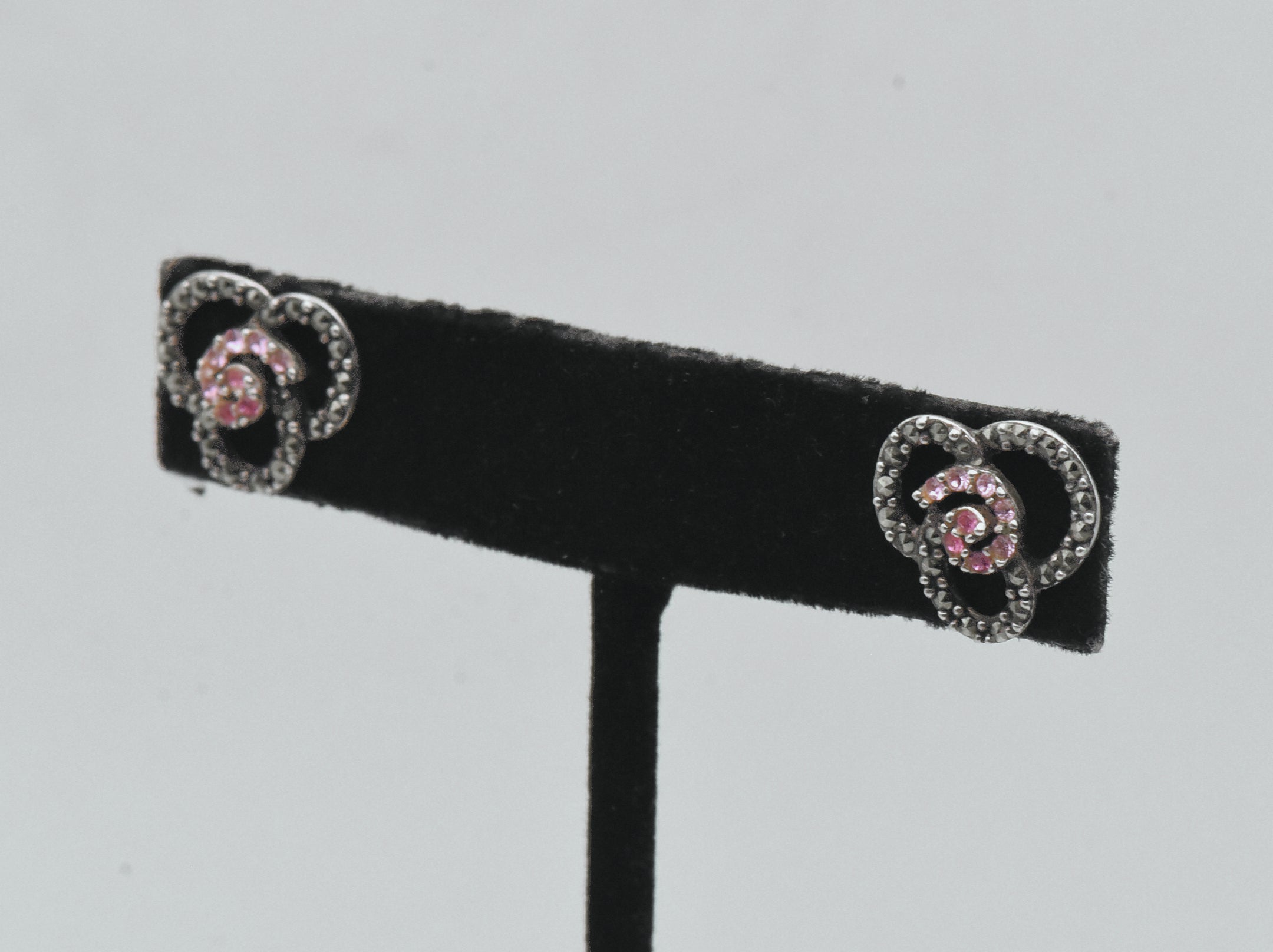 Vintage Sterling Silver Pink Crystal and Marcasite Trefoil Stud Earrings