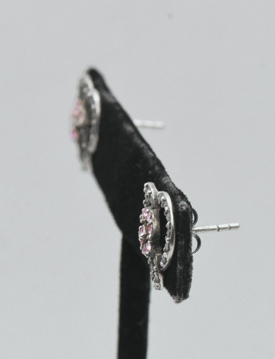 Vintage Sterling Silver Pink Crystal and Marcasite Trefoil Stud Earrings