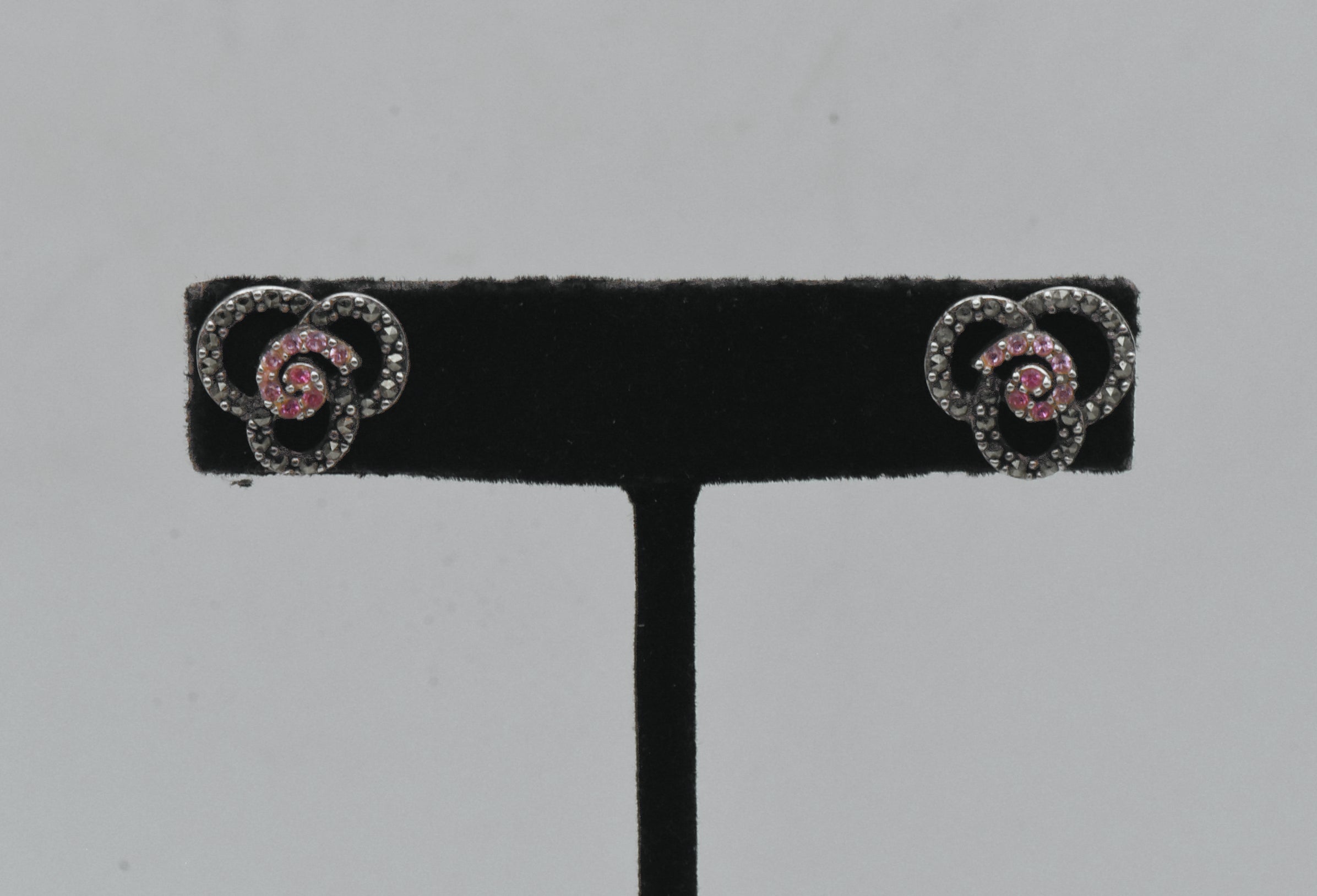 Vintage Sterling Silver Pink Crystal and Marcasite Trefoil Stud Earrings