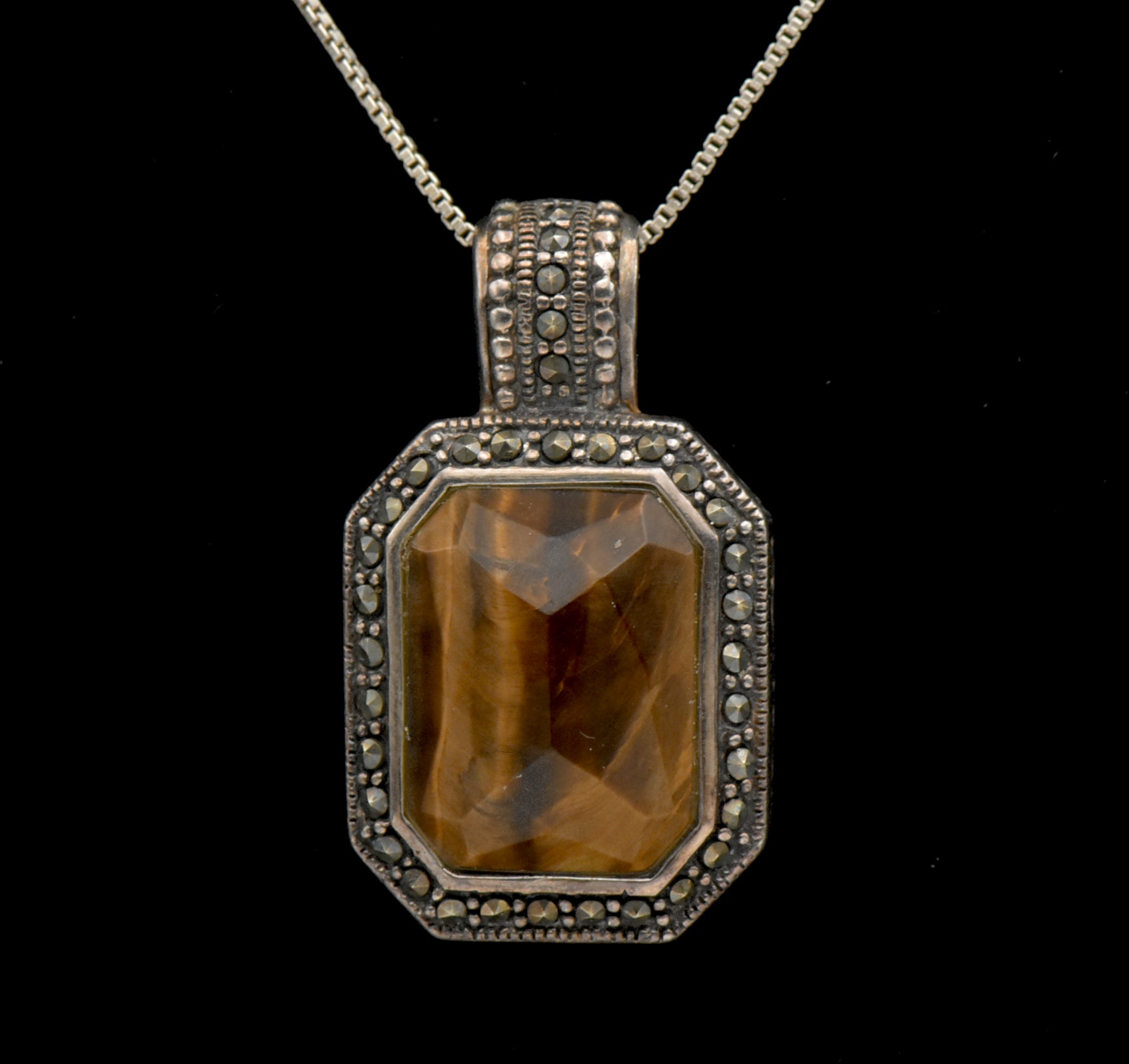 Vintage Tiger's Eye and Marcasite Sterling Silver Pendant on Sterling Chain Necklace - 18.5"