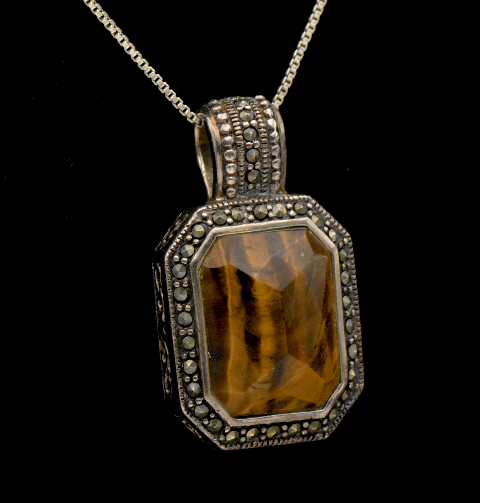Vintage Tiger's Eye and Marcasite Sterling Silver Pendant on Sterling Chain Necklace - 18.5"