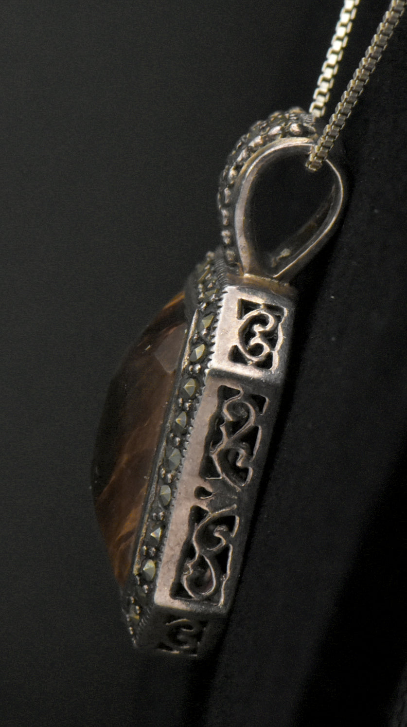 Vintage Tiger's Eye and Marcasite Sterling Silver Pendant on Sterling Chain Necklace - 18.5"