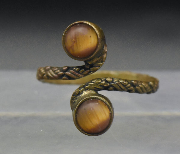 Vintage Tiger's Eye Brass Bypass Adjustable Size Ring