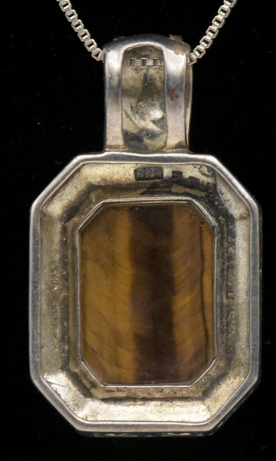 Vintage Tiger's Eye and Marcasite Sterling Silver Pendant on Sterling Chain Necklace - 18.5"