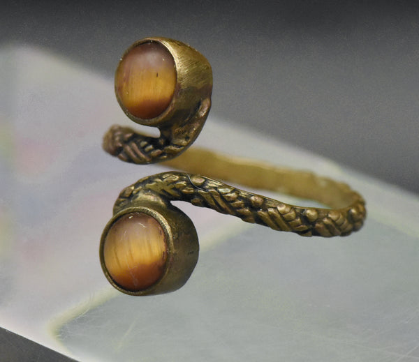 Vintage Tiger's Eye Brass Bypass Adjustable Size Ring