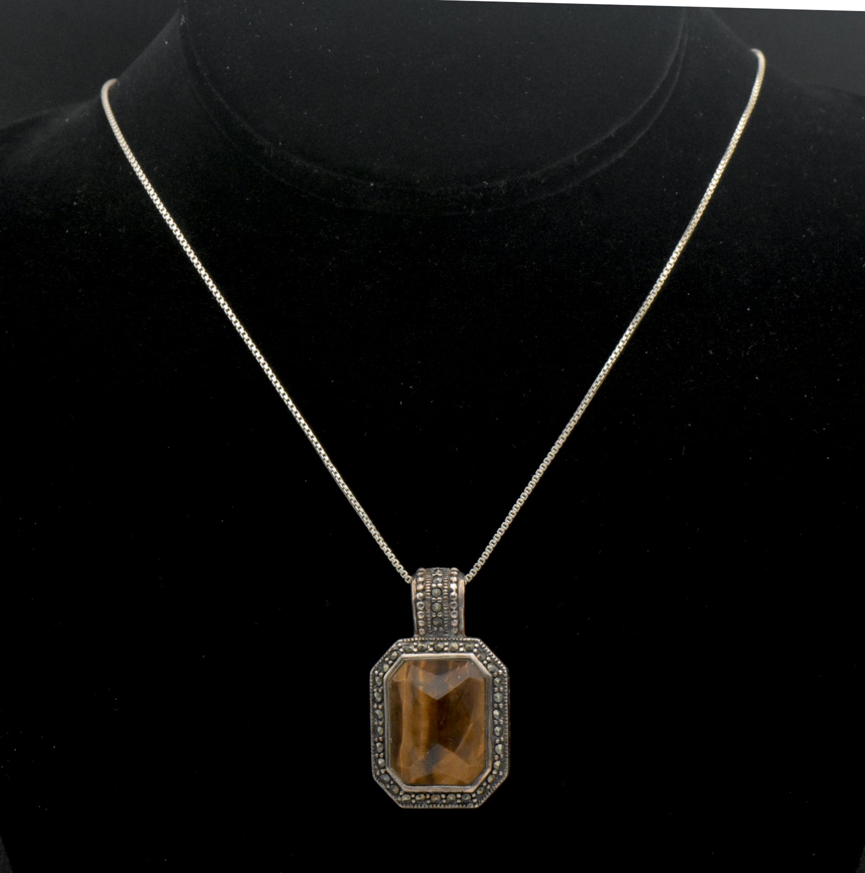 Vintage Tiger's Eye and Marcasite Sterling Silver Pendant on Sterling Chain Necklace - 18.5"
