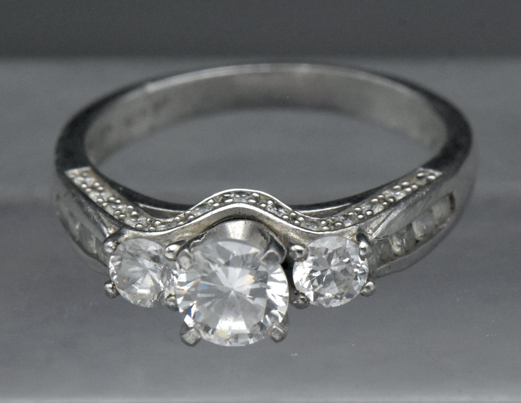 Vintage Sterling Silver CZ Three-Stone Ring - Size 9.5