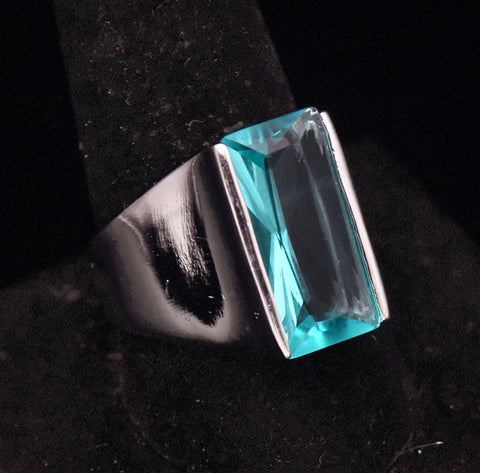 Vintage Sterling Silver Teal Color Glass Signet Ring - Size 10