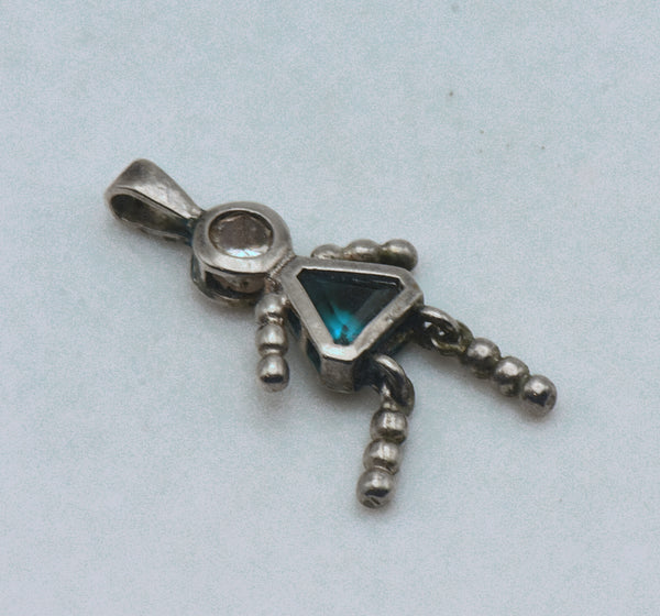 Vintage Sterling Silver CZ and Teal Crystal Girl Stick Figure Pendant