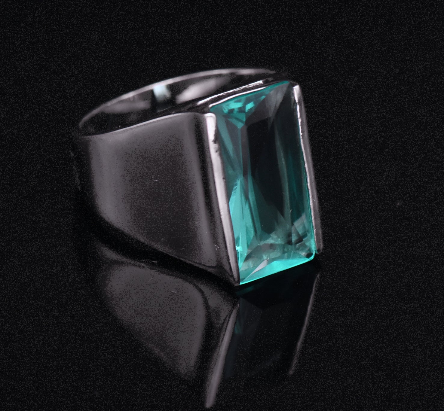 Vintage Sterling Silver Teal Color Glass Signet Ring - Size 10