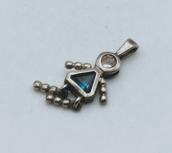 Vintage Sterling Silver CZ and Teal Crystal Girl Stick Figure Pendant