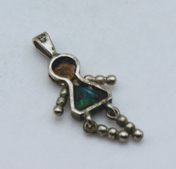 Vintage Sterling Silver CZ and Teal Crystal Girl Stick Figure Pendant