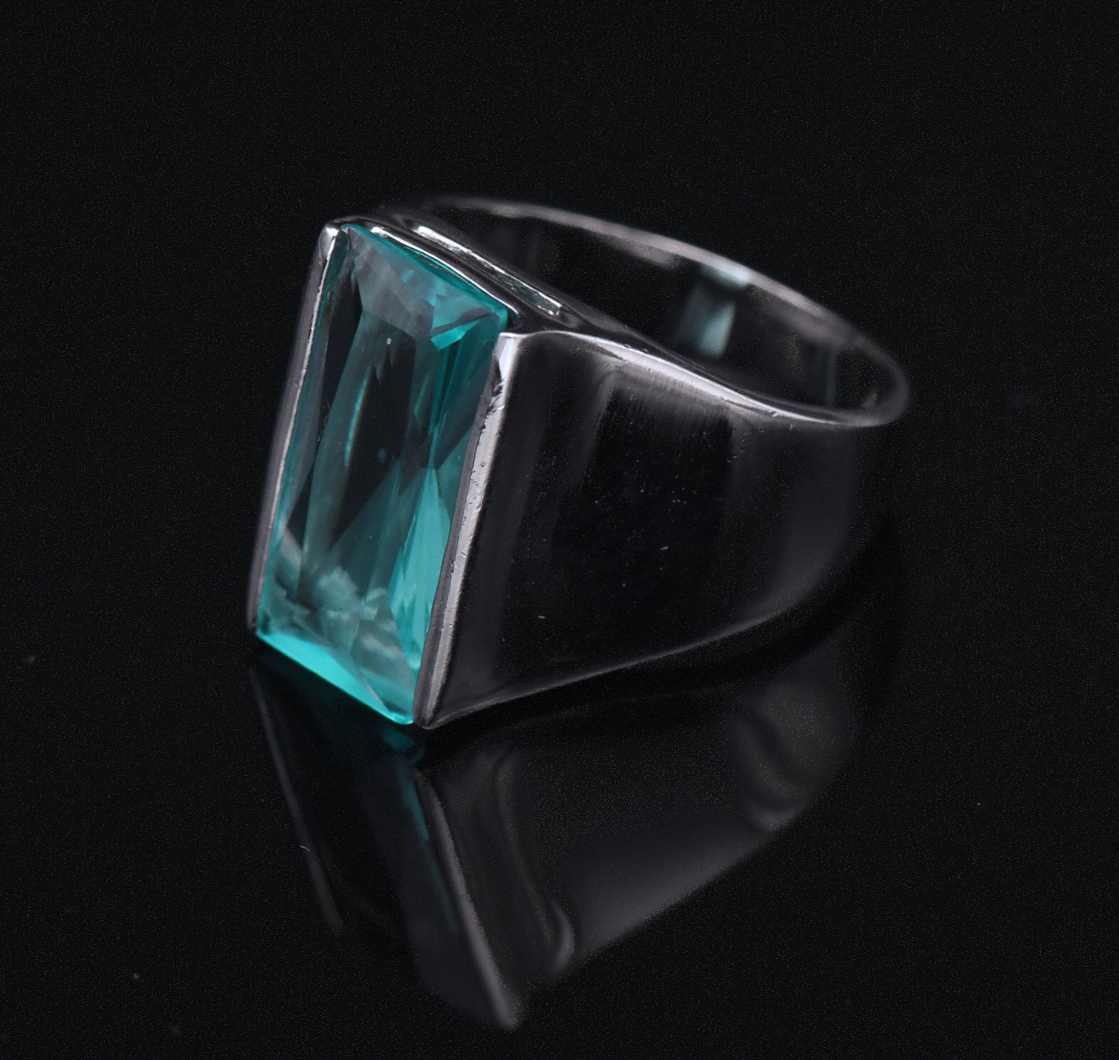 Vintage Sterling Silver Teal Color Glass Signet Ring - Size 10