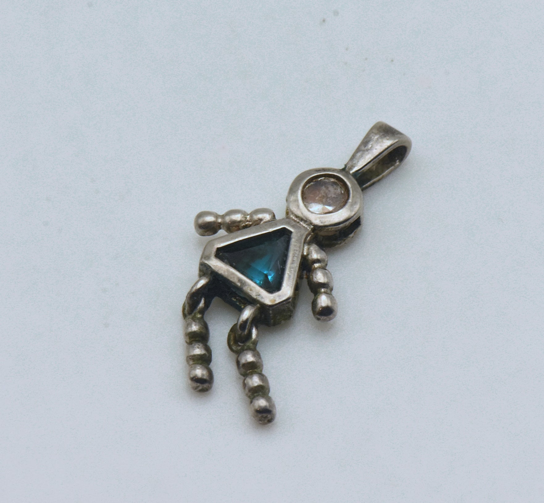 Vintage Sterling Silver CZ and Teal Crystal Girl Stick Figure Pendant