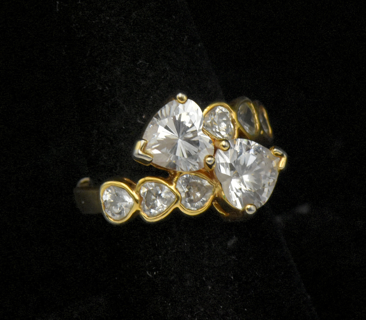 Vintage Toi et Moi Heart Cut CZ Gold Plated Sterling Silver Bypass Ring with Sizer - Size 7