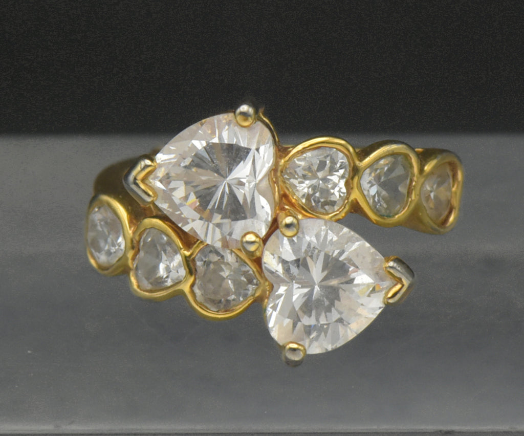 Vintage Toi et Moi Heart Cut CZ Gold Plated Sterling Silver Bypass Ring with Sizer - Size 7