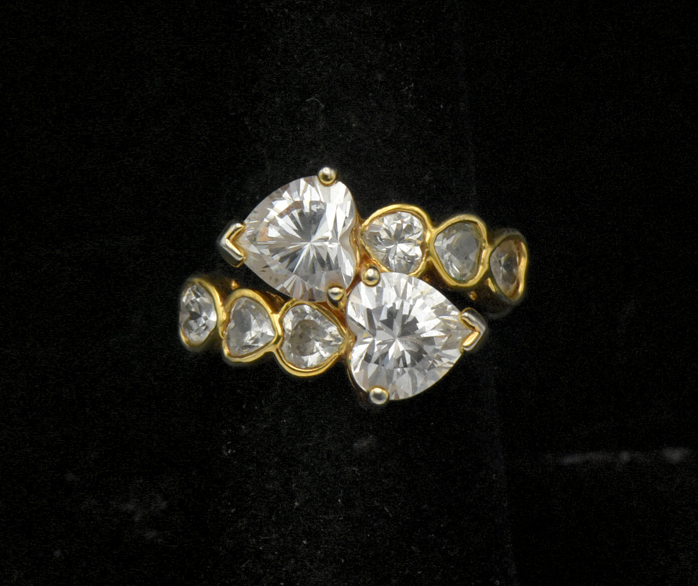 Vintage Toi et Moi Heart Cut CZ Gold Plated Sterling Silver Bypass Ring with Sizer - Size 7