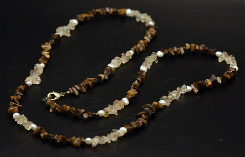 Vintage Tiger's Eye, Quartz, and Cultured Pearl Beaded Necklace - 36"