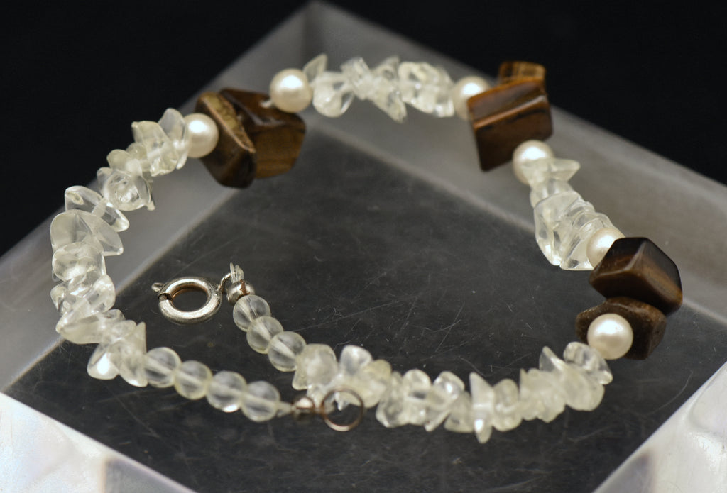 Vintage Tiger's Eye, Quartz, and Faux Pearl Beaded Bracelet