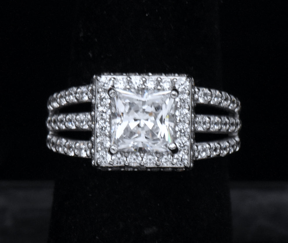 Sterling Silver Princess Cut Cubic Zirconia Halo Ring - Size 6