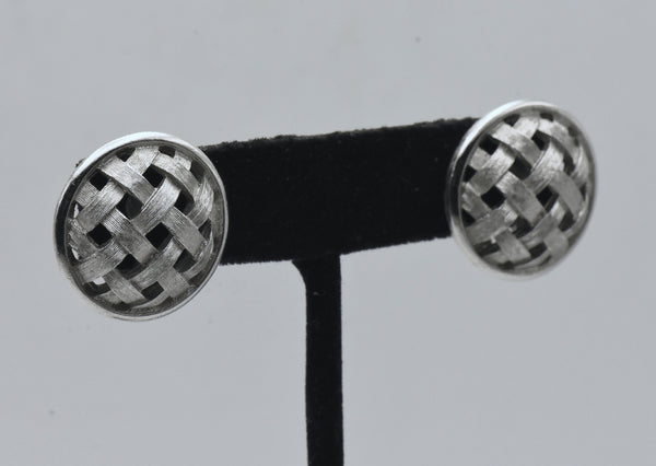 Trifari - Vintage Silver Tone Basket Weave Clip On Earrings