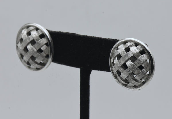 Trifari - Vintage Silver Tone Basket Weave Clip On Earrings