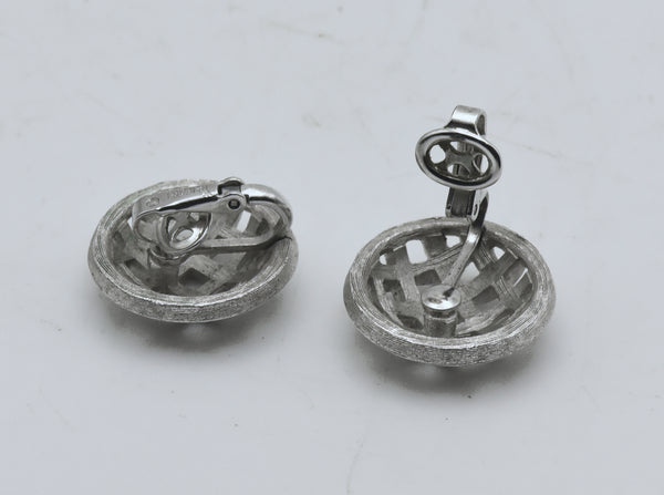 Trifari - Vintage Silver Tone Basket Weave Clip On Earrings