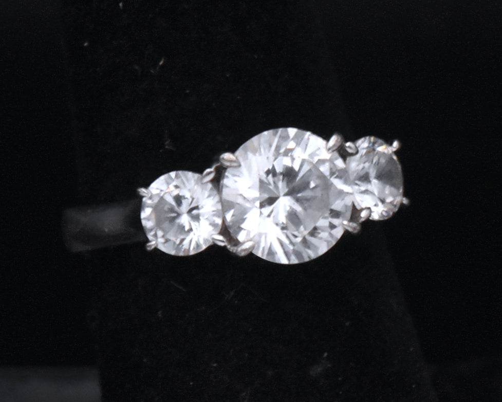 Sterling Silver Three-Stone Cubic Zirconia Ring - Size 6