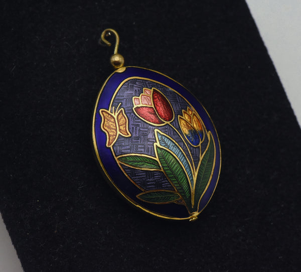 Vintage Enamel Butterfly and Tulips Double-Sided Pendant