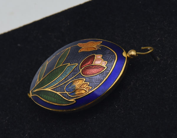 Vintage Enamel Butterfly and Tulips Double-Sided Pendant