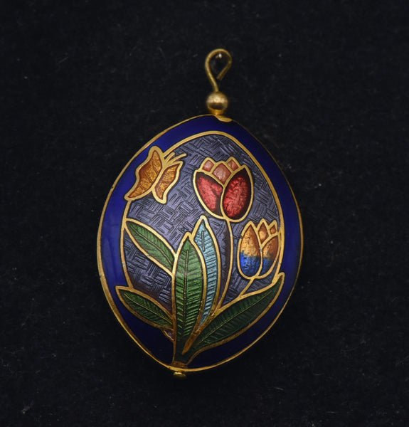 Vintage Enamel Butterfly and Tulips Double-Sided Pendant